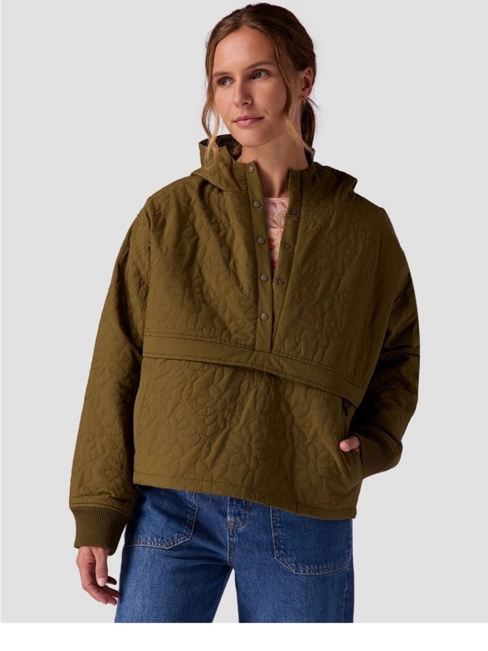 STOIC Daisy Quilted Olive Green Pullover Hoodie